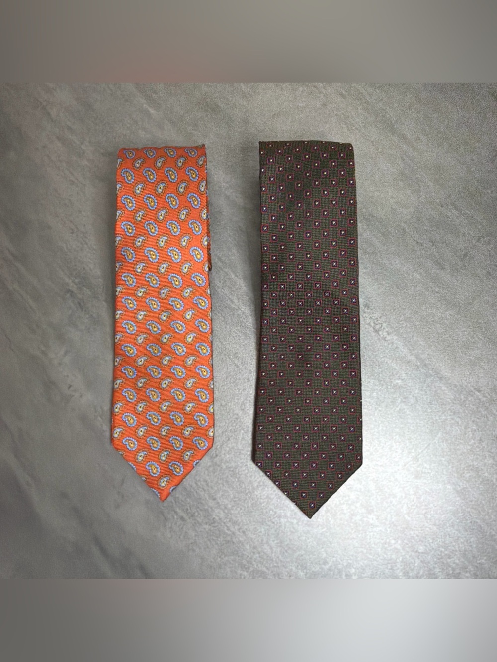 VTG Lands’ End 100% Silk Neck Tie Orange Paisley & Green Geometric - Lot Of Two